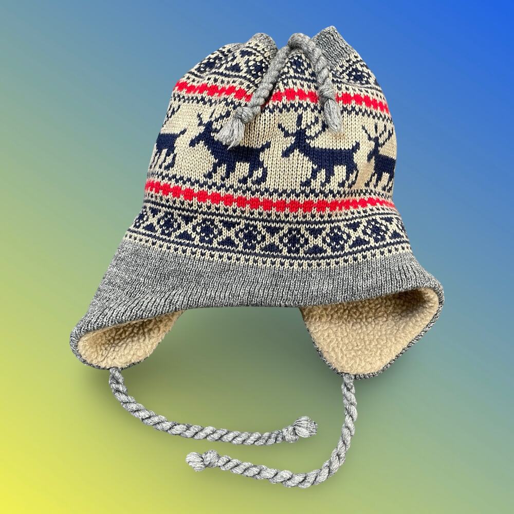 Lake of the Isles Fair Isle Reindeer Earflap Hat Gray Blue Wool Knit Chullo